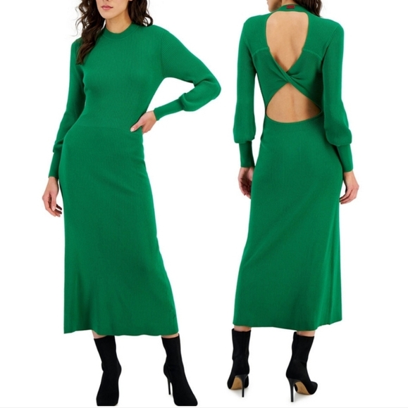 HUGO Dresses & Skirts - 🔥HUGO Green Mock-Neck Cutout Slim Sweater Dress